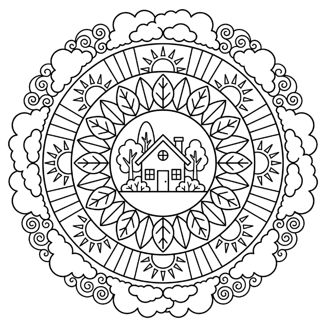 Coloriage Mandala: Maison et les éléments naturels Mandalas