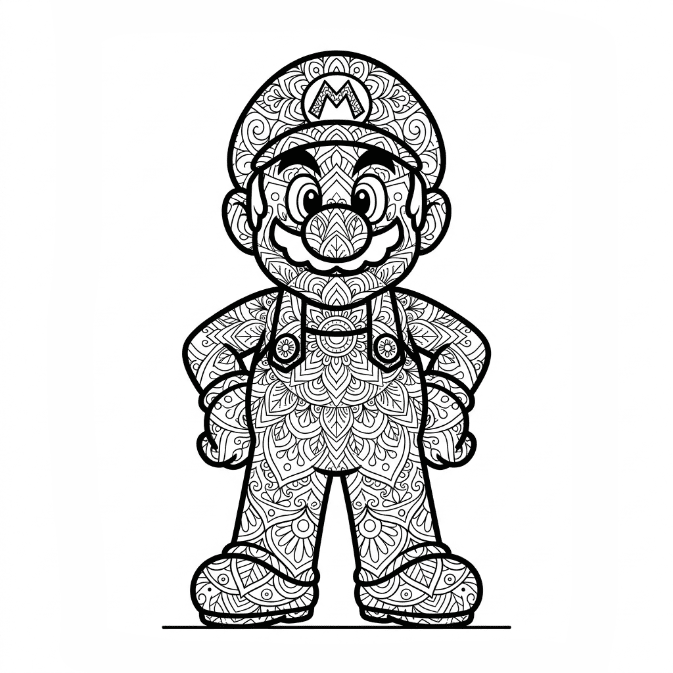 Coloriage Mandala: Mario avec des motifs floraux Mandalas