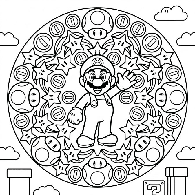 Coloriage Mandala: Mario et les personnages de jeux vidéo Mandalas