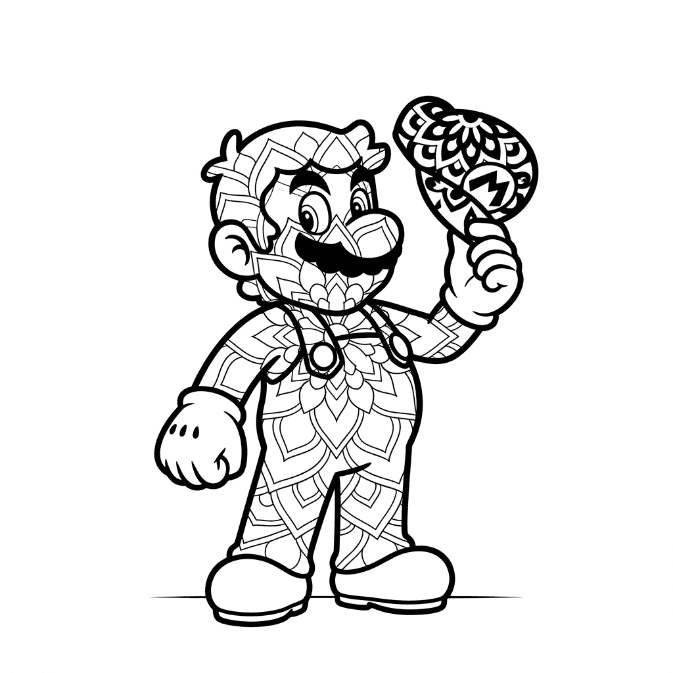 Coloriage Mandala: Mario tenant un chapeau Mandalas