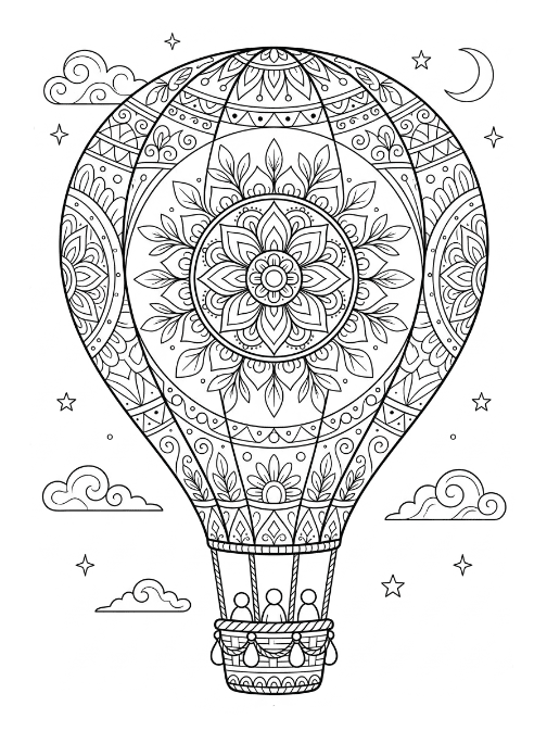 Coloriage Mandala: Montgolfière dans le ciel nocturne Mandalas