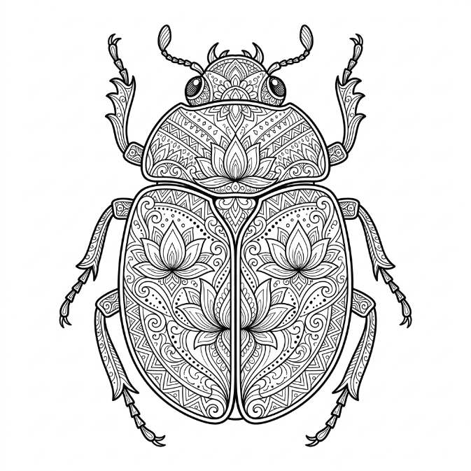 Coloriage Mandala: Scarabée à motifs symétriques Mandalas