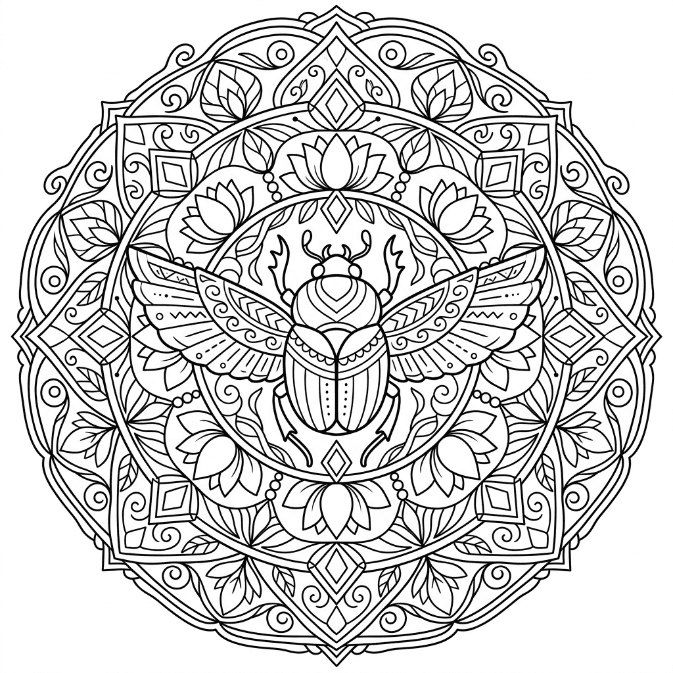 Coloriage Mandala: Scarabée aux éléments inspirés du lotus Mandalas