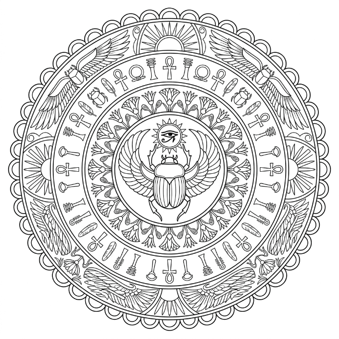 Coloriage Mandala: Scarabée orné de symboles égyptiens antiques Mandalas