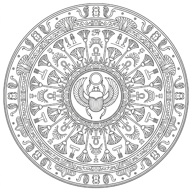 Coloriage Mandala: Scarabée orné de symboles égyptiens Mandalas