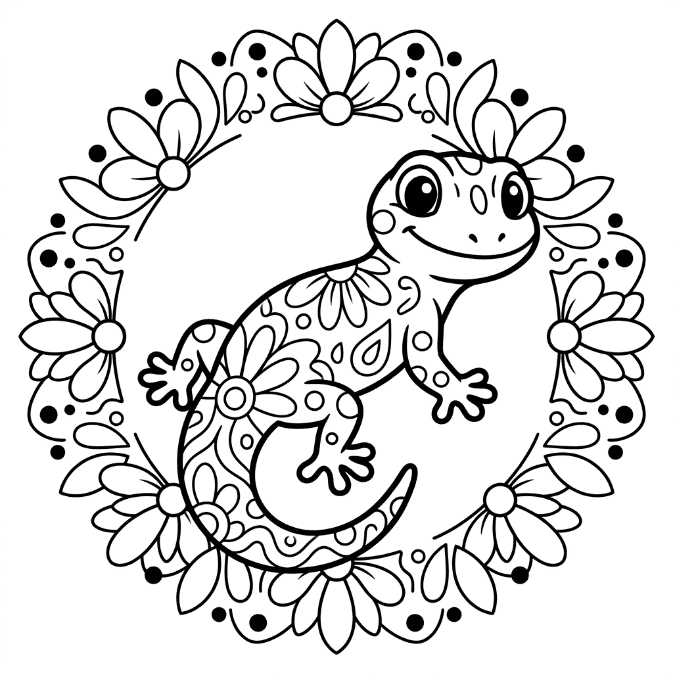 Coloriage Mandala: Lézard floral Mandala