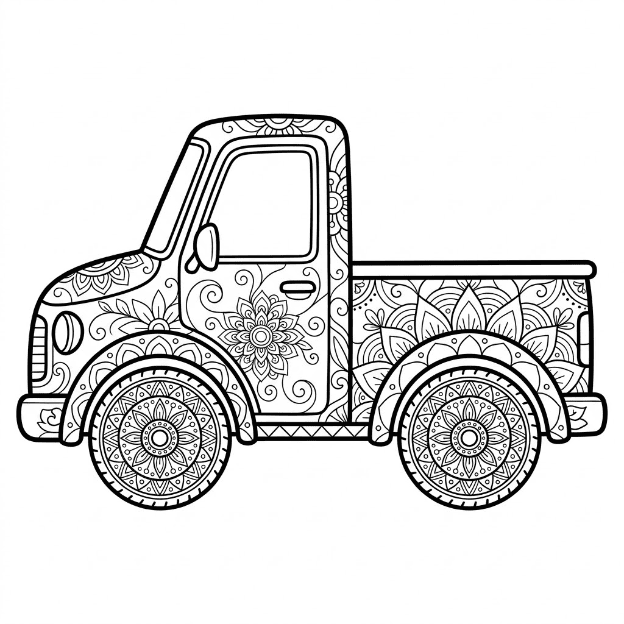 Coloriage Mandala: camion de transport Mandalas