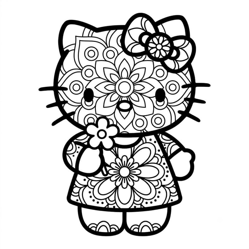 Coloriage Mandala: Hello Kitty avec des fleurs Mandalas