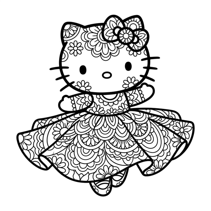Coloriage Mandala: Hello Kitty en robe Mandalas